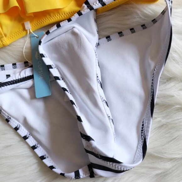 NEW Yellow White Black Striped Ruffled Bikini Bathing Suit Set Size Large - Picture 5 of 9